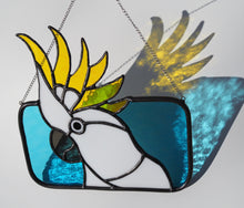 Load image into Gallery viewer, Yellow Crested Cockatoo, stained glass, sun-catcher, handmade in Sydney, gift idea, birthday, Australian citizenship, blue sky, striking yellow
