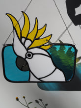 Load image into Gallery viewer, Yellow Crested Cockatoo, stained glass, sun-catcher, handmade in Sydney, gift idea, birthday, Australian citizenship, blue sky, striking yellow