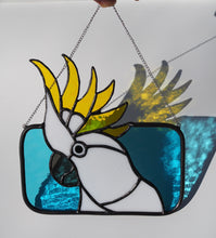 Load image into Gallery viewer, Yellow Crested Cockatoo, stained glass, sun-catcher, handmade in Sydney, gift idea, birthday, Australian citizenship, blue sky, striking yellow