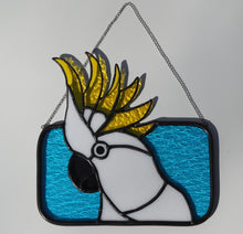 Load image into Gallery viewer, Yellow Crested Cockatoo, stained glass, sun-catcher, handmade in Sydney, gift idea, birthday, Australian citizenship, blue sky, striking yellow