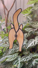 Load and play video in Gallery viewer, Ginger cat, cat gift, cat with attitude, cat butt, Stained Glass Cat, Stained glass suncatcher, Stained glass ornament, handmade, handcrafted, gift idea, Motherโs Day, original design, stained glass Animal, made in sydney, made in Australia.