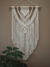 Load image into Gallery viewer, Macrame, Wall Hanging, Wall art, Luxury home decor, Glorious, gorgeous, Elegance, beige wall, umbrella tree, Tasmanian Oak dowel, YUGA, premium, Umbrella tree, Handmade, workshop, Sydney