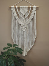 Load image into Gallery viewer, Macrame, Wall Hanging, Wall art, Luxury home decor, Glorious, gorgeous, Elegance, beige wall, umbrella tree, Tasmanian Oak dowel, YUGA, premium, Umbrella tree, Handmade, workshop, Sydney
