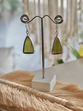 Load image into Gallery viewer, Stained Glass Jewellery, Jewelry, Earrings, Japanese Sake bottle,minimalist, Lead-Free Solder, Drop, Handmade Jewellery, Sustainable, upcycle, recycle, Upcycle, antique look, vintage look, dark green earrings, Macrame feather