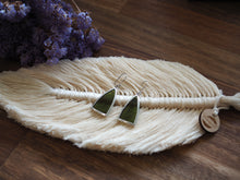 Load image into Gallery viewer, Stained Glass Jewellery, Jewelry, Earrings, Japanese Sake bottle,minimalist, Lead-Free Solder, Drop, Handmade Jewellery, Sustainable, upcycle, recycle, Upcycle, antique look, vintage look, dark green earrings, Macrame feather, purple dry flower, wooden bench