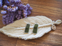 Load image into Gallery viewer, Stained Glass Jewellery, Jewelry, Earrings, Japanese Sake bottle,minimalist, Lead-Free Solder, Daikei, Handmade Jewellery, Sustainable, upcycle, recycle, Purple dry flower, macrame feather, original designed wood tag
