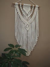 Load image into Gallery viewer, Macrame, Wall Hanging, Wall art, Luxury home decor, Glorious, gorgeous, Elegance, beige wall, umbrella tree, Tasmanian Oak dowel, YUGA, premium, Umbrella tree, Handmade, workshop, Sydney