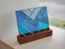 Load image into Gallery viewer, Stained Glass Suncatcher with wood stand, Blue, Gradation Blue, Blue Love, Ocean Blue, Glass Art, Handmade and designed in Dulwich Hill Sydney, PidegoArt