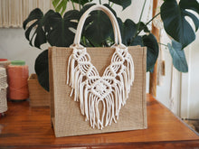 Load image into Gallery viewer, Macrame Jute Bag, Macrame Decoration, Summer shopping bag, elegant shopping bag, made in Sydney, boho, beach bag, stylish, pidegoart