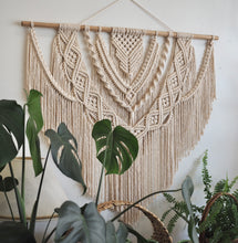 Load image into Gallery viewer, Macrame, Wall Hanging, Large Wall art, Luxury home decor, Glorious, gorgeous, beige wall, umbrella tree, Bamboo finer, sustainable, Tasmanian Oak, Sustainable home decor, KIRABIYAKA, premium