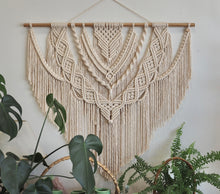 Load image into Gallery viewer, Macrame, Wall Hanging, Large Wall art, Luxury home decor, Glorious, gorgeous, beige wall, umbrella tree, Bamboo finer, sustainable, Tasmanian Oak, Sustainable home decor, KIRABIYAKA, premium