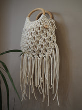 Load image into Gallery viewer, Macrame, Macrame bag, Macrame purse, cotton, tassels, boho bag, wood ring handle, PidegoArt, drawstring bag insert