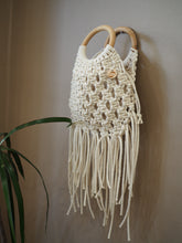 Load image into Gallery viewer, Macrame, Macrame bag, Macrame purse, cotton, tassels, boho bag, wood ring handle, PidegoArt, drawstring bag insert