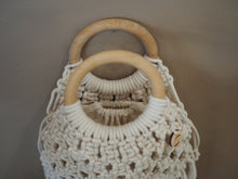 Load image into Gallery viewer, Macrame, Macrame bag, Macrame purse, cotton, tassels, boho bag, wood ring handle, PidegoArt, drawstring bag insert