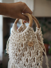 Load image into Gallery viewer, Macrame, Macrame bag, Macrame purse, cotton, tassels, boho bag, wood ring handle, PidegoArt, drawstring bag insert