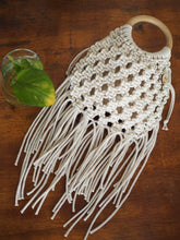 Load image into Gallery viewer, Macrame, Macrame bag, Macrame purse, cotton, tassels, boho bag, wood ring handle, PidegoArt, drawstring bag insert