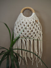 Load image into Gallery viewer, Macrame, Macrame bag, Macrame purse, cotton, tassels, boho bag, wood ring handle, PidegoArt, drawstring bag insert