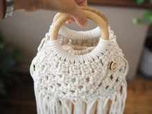 Load image into Gallery viewer, Macrame, Macrame bag, Macrame purse, cotton, tassels, boho bag, wood ring handle, PidegoArt, drawstring bag insert