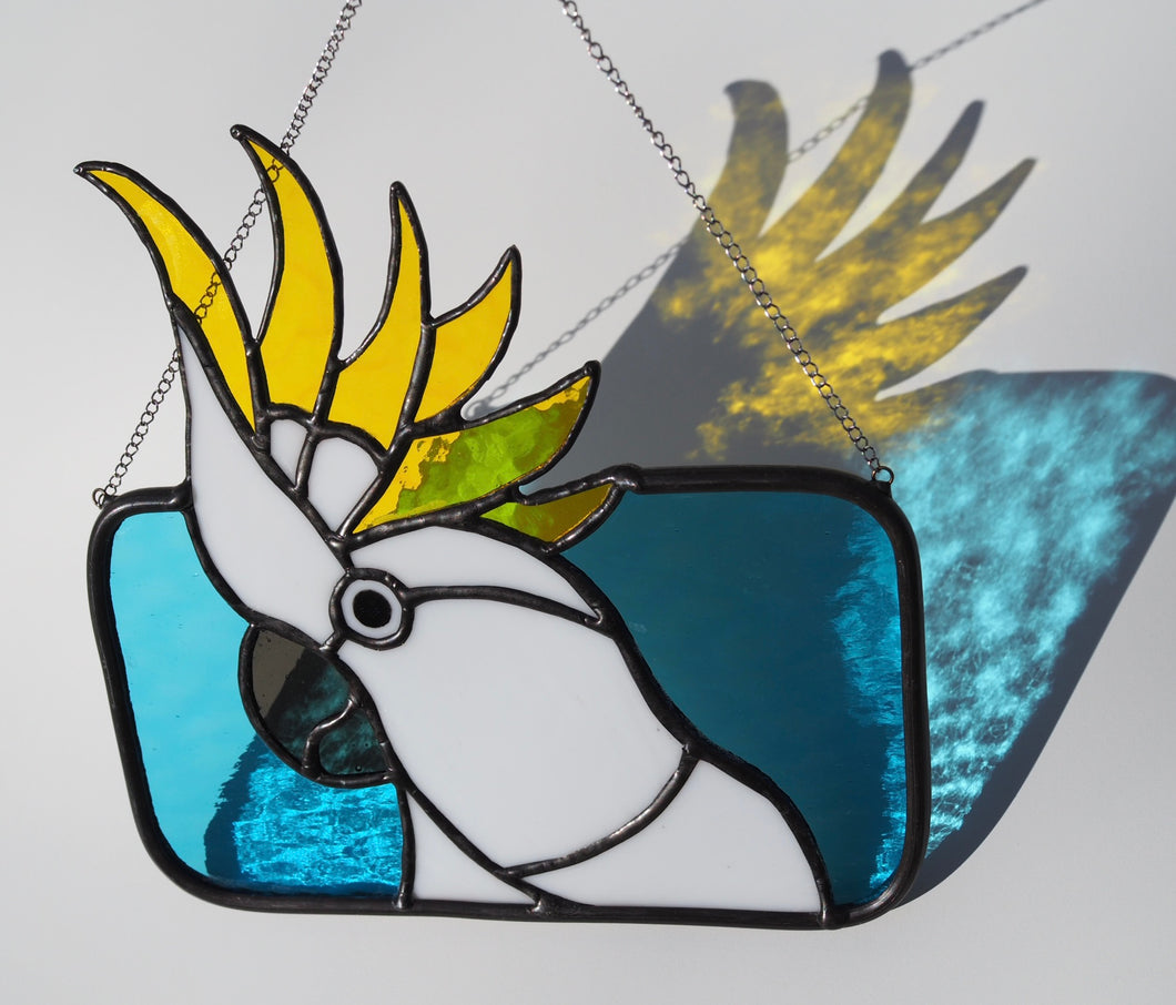 Yellow Crested Cockatoo, stained glass, sun-catcher, handmade in Sydney, gift idea, birthday, Australian citizenship, blue sky, striking yellow