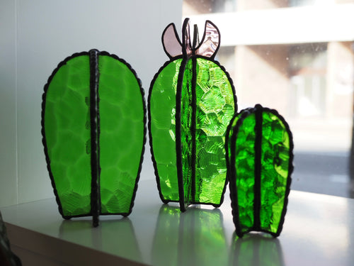 Stained Glass Cactus, cactus with flower, handmade, stained glass art, evergreen cactus, gift ideas, made in Sydney