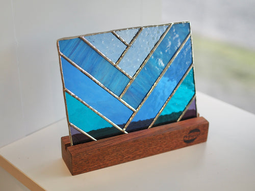 Stained Glass Suncatcher with wood stand, Blue, Gradation Blue, Blue Love, Ocean Blue, Glass Art, Handmade and designed in Dulwich Hill Sydney, PidegoArt 