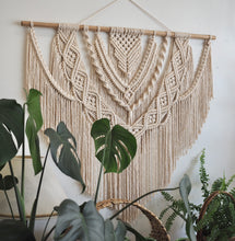 Load image into Gallery viewer, Macrame, Wall Hanging, Large Wall art, Luxury home decor, Glorious, gorgeous, beige wall, umbrella tree, Bamboo finer, sustainable, Tasmanian Oak, Sustainable home decor, KIRABIYAKA, premium
