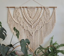 Load image into Gallery viewer, Macrame, Wall Hanging, Large Wall art, Luxury home decor, Glorious, gorgeous, beige wall, umbrella tree, Bamboo finer, sustainable, Tasmanian Oak, Sustainable home decor, KIRABIYAKA, premium
